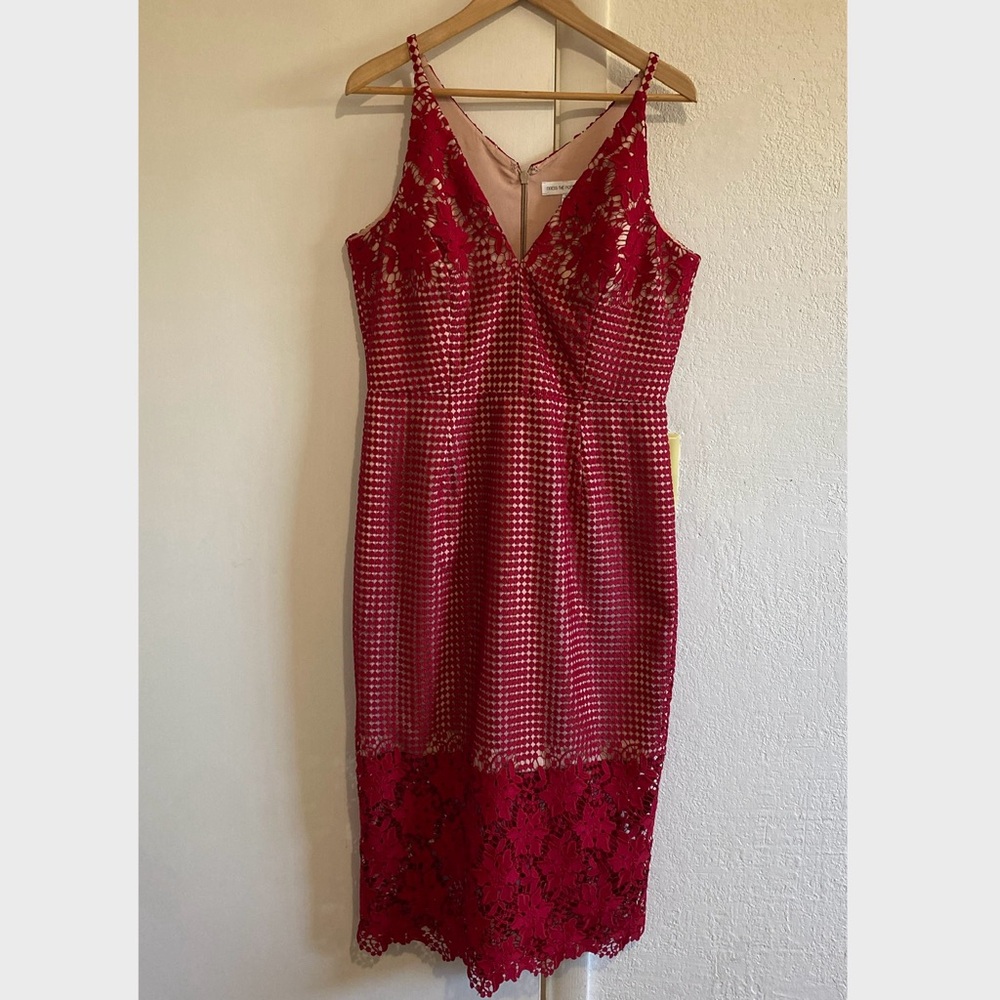 Dress The Population Red Lace Midi Dress XL Bodycon Floral Cocktail Party - Picture 2 of 13